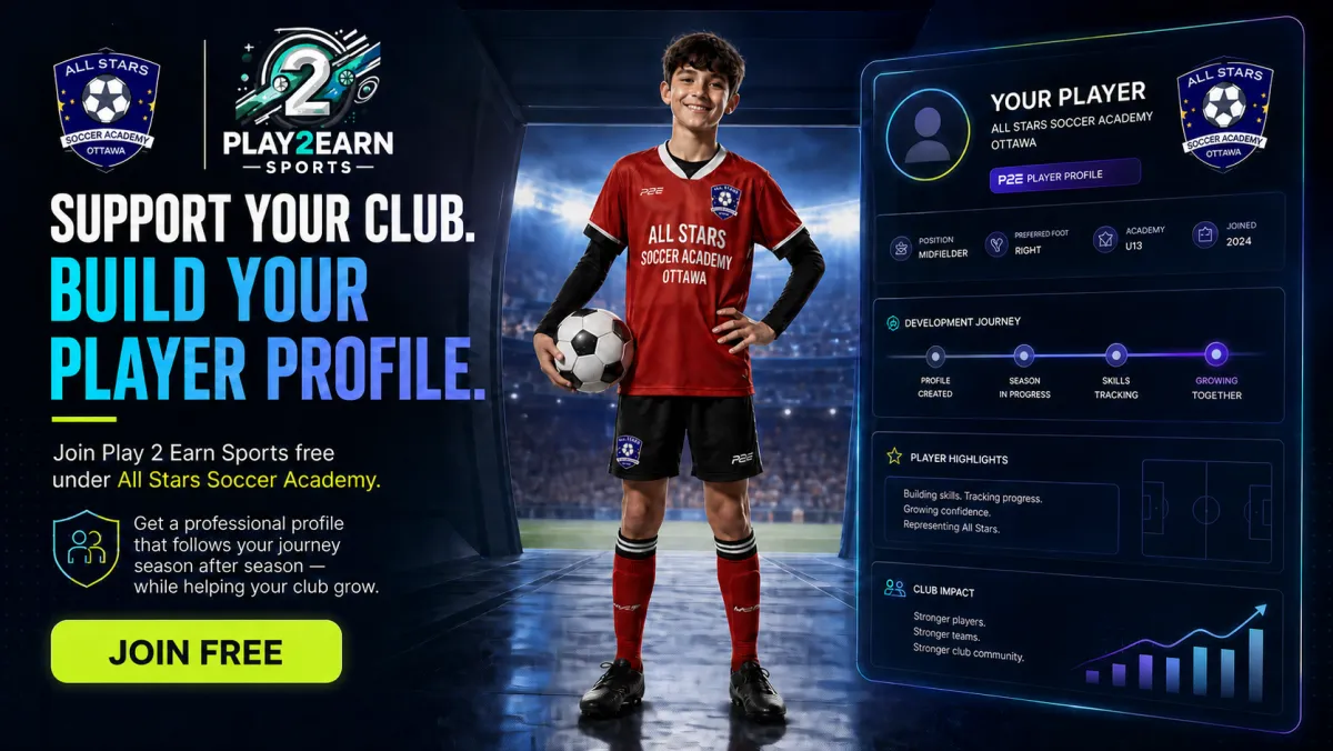 Support All Stars Soccer Academy by creating a free Play 2 Earn Sports player profile
